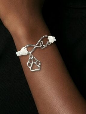 Dog Mom Paw Print Bracelet White Leather Pet Lover Infinity Cat Lady Charm Love